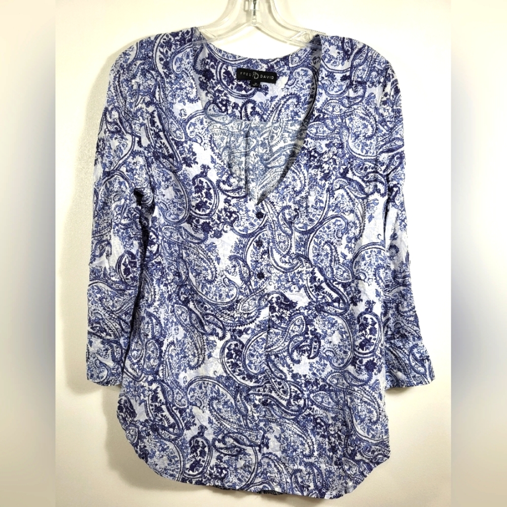 Fred David blue and white paisley tunic women's M #1870